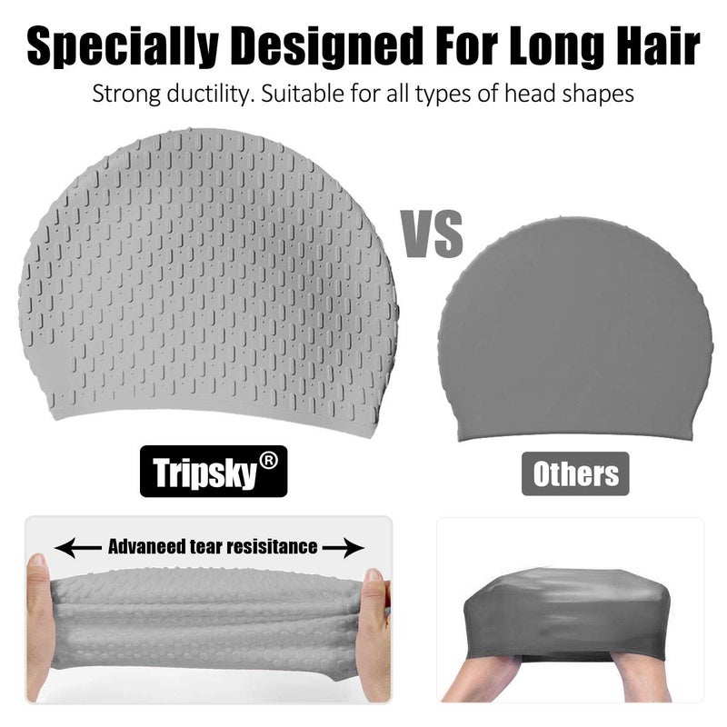 Tripsky Silicone Swim Cap,Comfortable Bathing Cap Ideal for Curly Short Medium Long Hair, Swimming Cap for Women and Men, Shower Caps Keep Hairstyle Unchanged (Gray) - Image 4